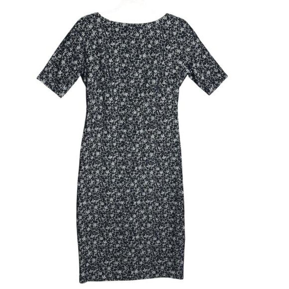 Maggy London Sz 6 Burnout Micro‎ Floral Print Midi Sheath Dress Stretchy Navy
